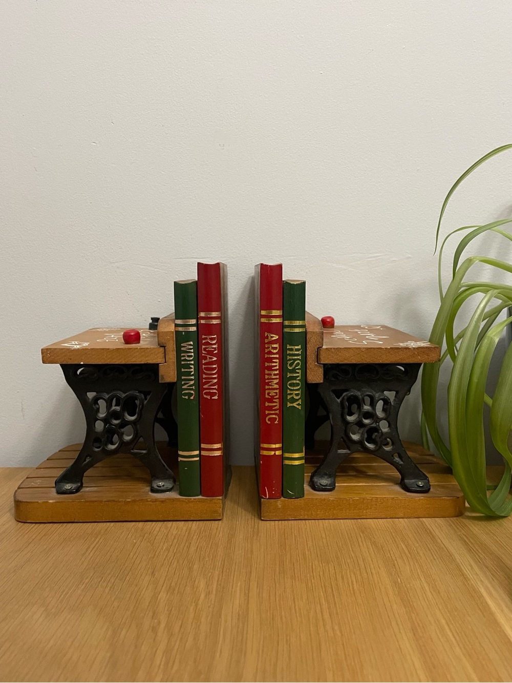 Vintage Enesco 1975 School Daze Desk Bookends in Black Iron and Wood